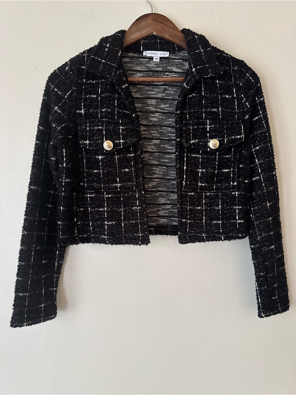 NWOT Sincerely JulesBlack Tweed Cropped Blazer with Gold Buttons - Size XS